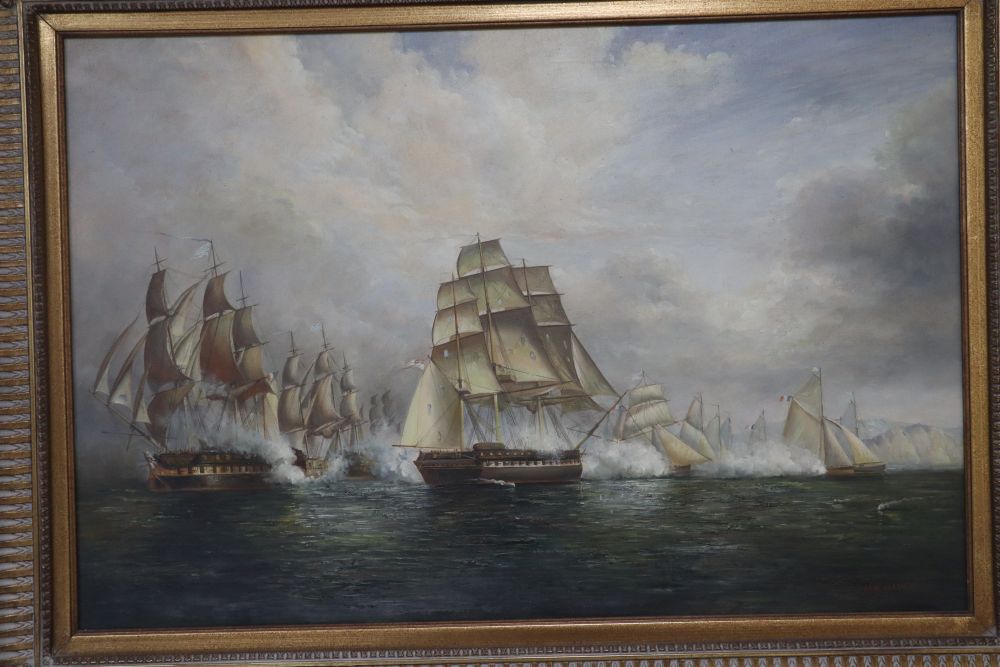 Ian Haden, oil on canvas, 19th century Naval battle, signed, 60 x 90cm